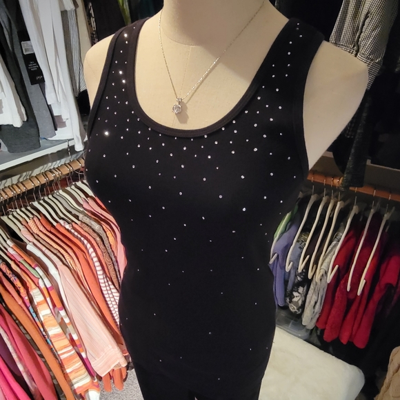 TIA TOO! ♡ Gorgeous Vintage Black Tank Top w/Sweet Bursts of Rhinestones L (S/M) - Picture 6 of 16